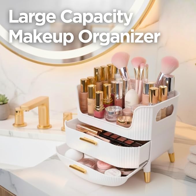 HALAFE Makeup Organizer with Drawers, Skincare Storage Box for Vanity, Multiple Compartments, Portable Cosmetic Display Case with Handle, Large Make up Organizers for Dresser, Bathroom, Bedroom, Pink