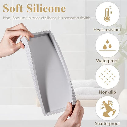 Silicone Bathroom Tray Small Vanity Organizer Rectangle Sink Caddy Sponge Holder Kitchen Counter Decor for Dish Soap, Perfume, Candle, Light Gray