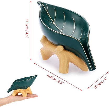 JUXYES Ceramic Soap Dish Holder Self Draining, Unique Waterfall Soap Dish Leaf Shape Decorative Soap Dish Tray Tabletop Drainable Soap Saver Bathtub Waterfall Soap Dish Holder for Bathroom Shower