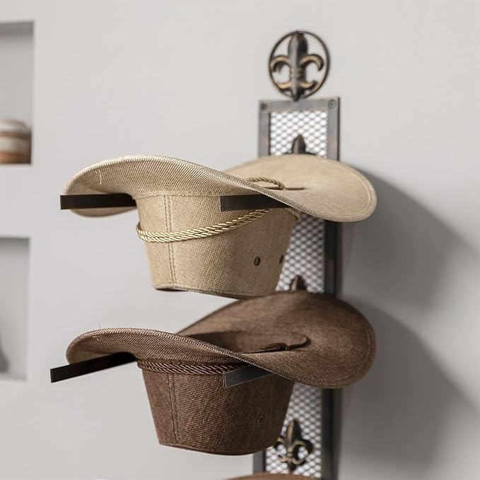 Cowboy Hat Rack for Wall, Metal Fleur-De-Lis Cowboy Hat Holder for 4 Hats, Vertical Western Hat Rack Wall Mount, Rustic Fold-Up Wall Hanging Decorative Hat Racks, 13.8”W x 32.6”H