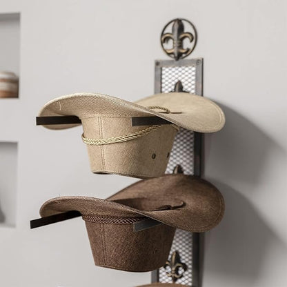 Cowboy Hat Rack for Wall, Metal Fleur-De-Lis Cowboy Hat Holder for 4 Hats, Vertical Western Hat Rack Wall Mount, Rustic Fold-Up Wall Hanging Decorative Hat Racks, 13.8”W x 32.6”H