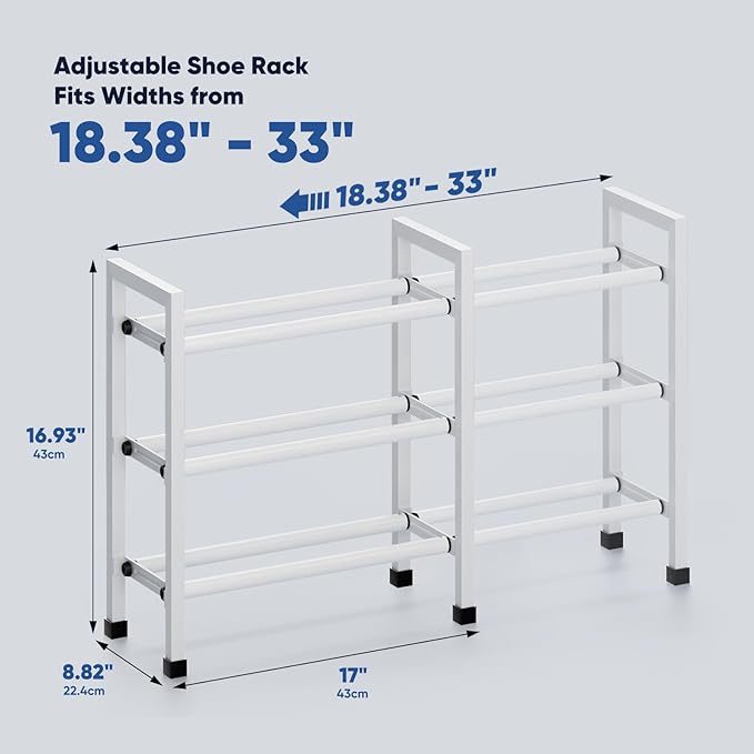 Abiglifty 3-Tier Expandable Shoe Rack,17"-33" Adjustable Shoe Rack for Closet,Metal Shoes Shelves for Front Door Entrance, Garage & Corridor, Free Standing Shoe Holders, Easy to Assemble,White