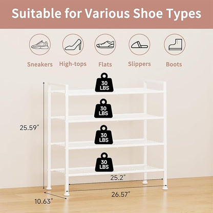 4-Tier Shoe Rack,Metal White Shoe Storage Organizer Shelf for Closet,Entryway,Hallway,Dorm (White, 4 Tier)