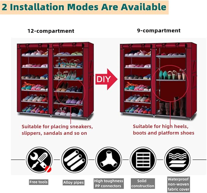 LIKOVSCI 6 Tier 36-Pairs Shoe Rack Tool Free Easy Assembled Shoe Shelf Storage Organizer with Dustproof Nonwoven Fabric Cover (Wine Red, 6-Tier 2-Row)