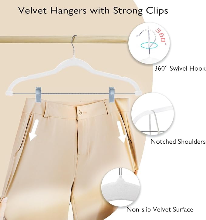 ManGotree Pants Hangers with Movable Clips, Non-Slip Velvet Skirt Hangers, Space-Saving Clothes Hangers for Pants, Skirts, Shirts, Coats, Dresses (32 Pack, White)