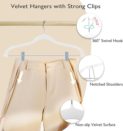 ManGotree Pants Hangers with Movable Clips, Non-Slip Velvet Skirt Hangers, Space-Saving Clothes Hangers for Pants, Skirts, Shirts, Coats, Dresses (32 Pack, White)