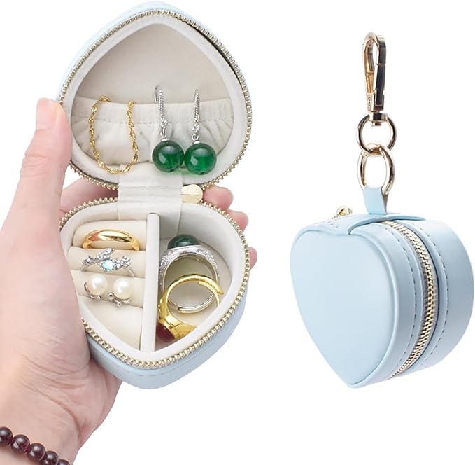 Heart Shape Ring Holder Keychain, Mini Travel Jewelry Case for Wedding Ring, Sports & Vacation, Portable Zipper Clutch Organizer for Earrings Necklace, Premium Gift for Women Girls (Blue)