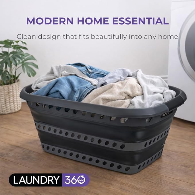 Laundry 360 Collapsible Laundry Basket 40L | Portable | Space Saver Storage | Hold 2 Loads | Store Under the Bed or Closet | Good for Kids | Dorm | Bedroom | Large | Grey/Black
