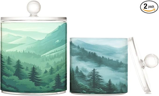 2 Pack Qtip Dispenser Apothecary Jars with Lids Cotton Round Holder Bathroom Canisters for Cotton Swab Floss Ball Pads Clear Plastic Decorative Mountain Forest Trees Green