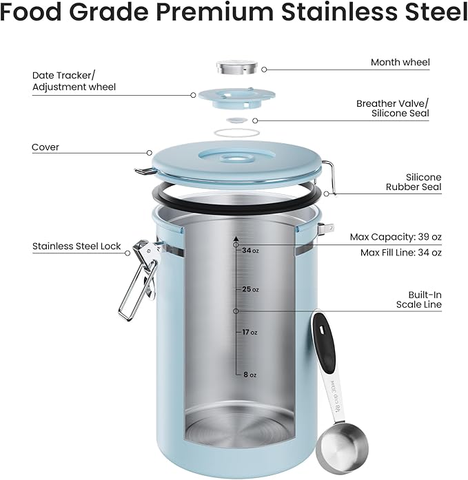 Veken Coffee Canister, 39OZ Large, Airtight Stainless Steel Food Storage Container for 2.2lbs Coffee Beans, Ground, Sugar, Tea, Cookie, Flour, Kitchen Bar Accessories with Date Tracker & Scoop, Blue