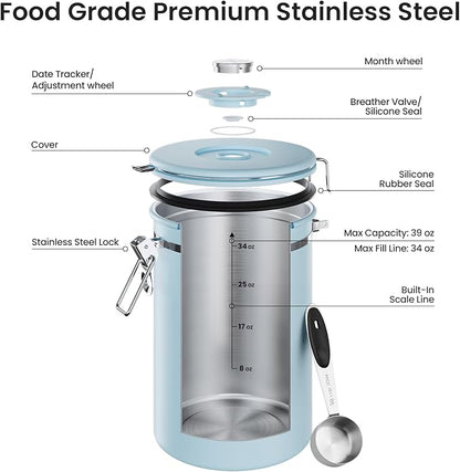 Veken Coffee Canister, 39OZ Large, Airtight Stainless Steel Food Storage Container for 2.2lbs Coffee Beans, Ground, Sugar, Tea, Cookie, Flour, Kitchen Bar Accessories with Date Tracker & Scoop, Blue