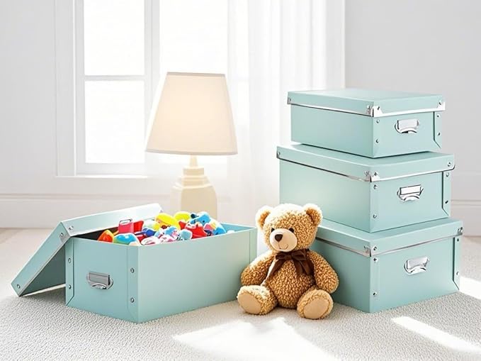 XUCHUN 3 Pack/Set Plastic Storage Box with Lid,Waterproof Collapsible Storage Bins for Shoes/Clothes/Office Teal Color