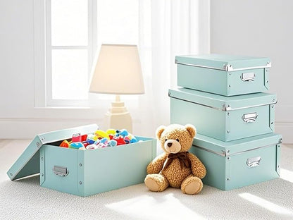 XUCHUN 3 Pack/Set Plastic Storage Box with Lid,Waterproof Collapsible Storage Bins for Shoes/Clothes/Office Teal Color