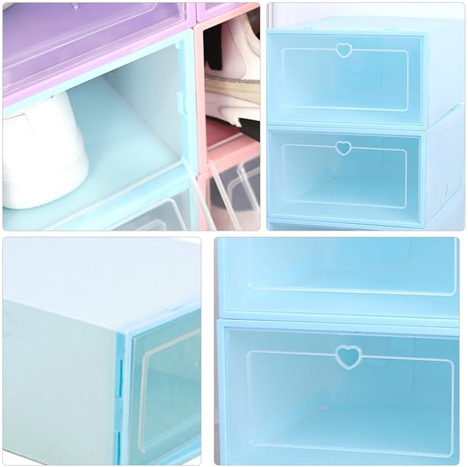 6pcs Plastic Shoe Storage Boxes with Clamshell Drawer Design, 31x21.5x12.5cm Women’s Shoes Organizer in Blue Heart Pattern for Closet and Travel