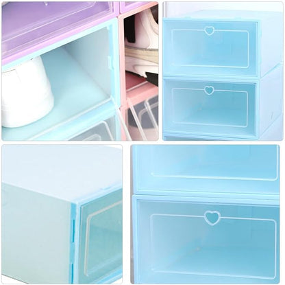 6pcs Plastic Shoe Storage Boxes with Clamshell Drawer Design, 31x21.5x12.5cm Women’s Shoes Organizer in Blue Heart Pattern for Closet and Travel