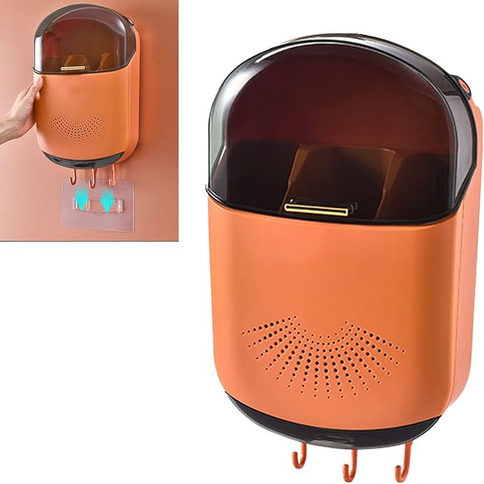 Fdit Wall Mounted Kitchen Utensil Holder with Cover Multifunctional Draining Chopstick Cage with Dust Prevention 3 Compartments Utensil Drying Rack for Cutlery Chopstick Spoons Forks (Orange)