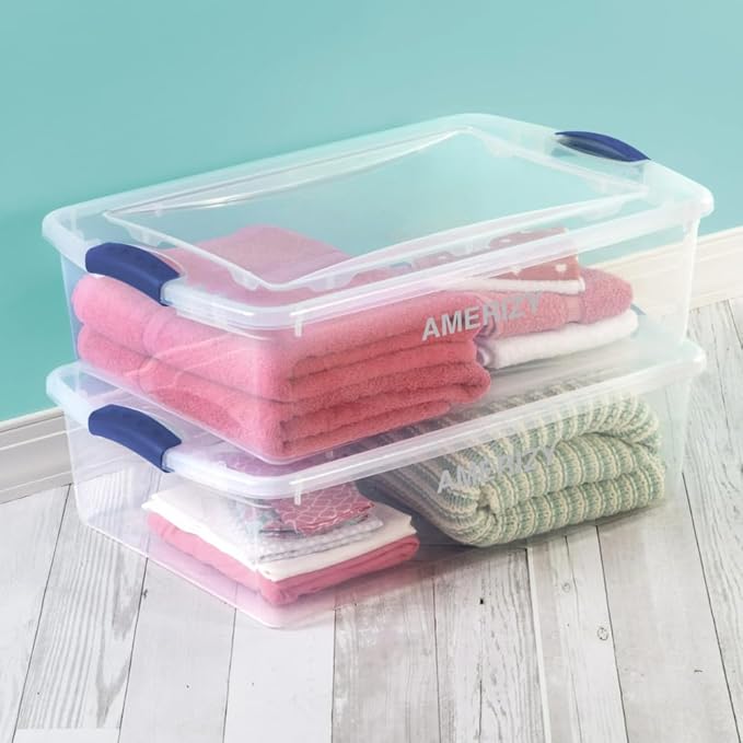 32 Quart Underbed Plastic Storage Bin with Latching Lid – Clear Stackable Container with Blue Handles for Bedroom, Closet, Dorm, or Seasonal Organization