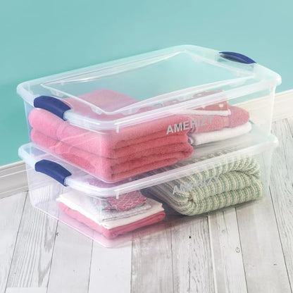 32 Quart Underbed Plastic Storage Bin with Latching Lid – Clear Stackable Container with Blue Handles for Bedroom, Closet, Dorm, or Seasonal Organization