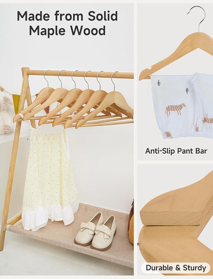 StorageWorks Baby Hangers 20 Pack, Maple Wood Clothes Organizer for Toddler, Kids Wooden Hanger with Pant Bar for Closet, Natural Maple Wood Color