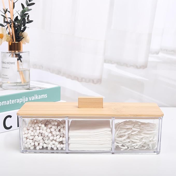 Wood Qtip Holder 3 Compartments Cotton Ball and Swab Holder Organizer with Lid,Jar for Cotton Rounds,Bathroom Containers,Clear Acrylic Desk Organizer for Makeup Pads,Cosmetics Bedroom
