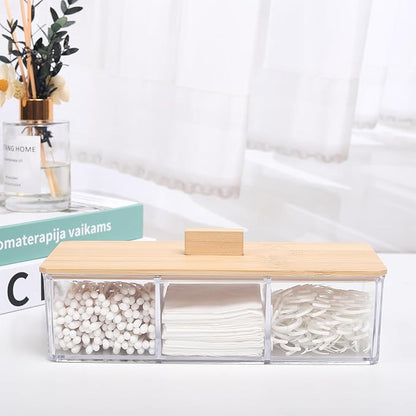 Wood Qtip Holder 3 Compartments Cotton Ball and Swab Holder Organizer with Lid,Jar for Cotton Rounds,Bathroom Containers,Clear Acrylic Desk Organizer for Makeup Pads,Cosmetics Bedroom