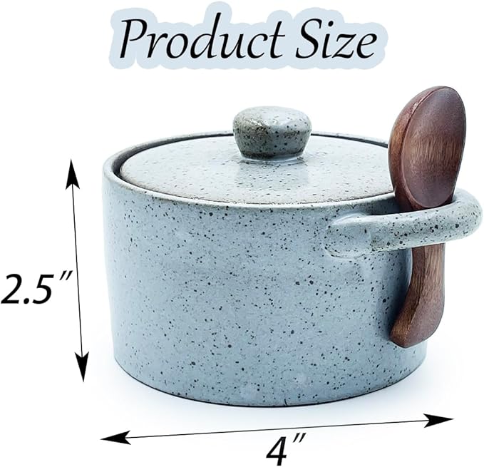 Ceramic Salt Cellar With Lid & Spoon,12oz Salt Container For Countertop,Sugar Bowl,Spice Jar(Gray B)