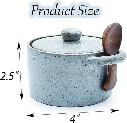 Ceramic Salt Cellar With Lid & Spoon,12oz Salt Container For Countertop,Sugar Bowl,Spice Jar(Gray B)