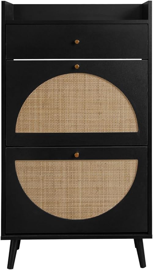 ZeHuoGe Natural Rattan Shoe Cabinet with 2 Flip Drawers, Black Shoe Rack Storage Cabinet for Heels, Slippers, Free Standing Shoe Rack for Entrance Hallway (Black)