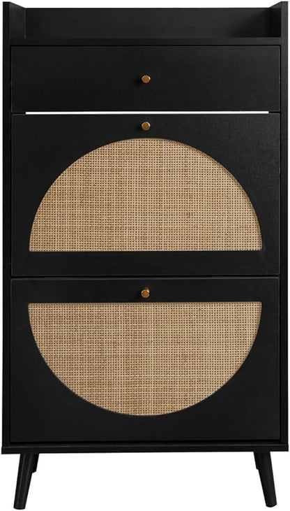 ZeHuoGe Natural Rattan Shoe Cabinet with 2 Flip Drawers, Black Shoe Rack Storage Cabinet for Heels, Slippers, Free Standing Shoe Rack for Entrance Hallway (Black)