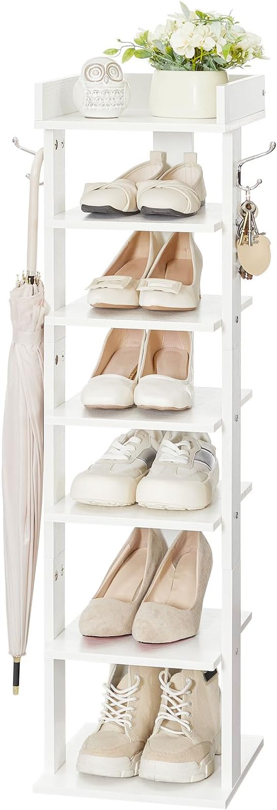 HOOBRO Vertical Shoe Rack for Front Door Entryway, 7 Tier Wooden Shoe Storage Organizer with Hooks, Narrow Shoe Tower for 7 Pairs, Space Saving, for Corner, Closet, Bedroom, White WT61XJ01