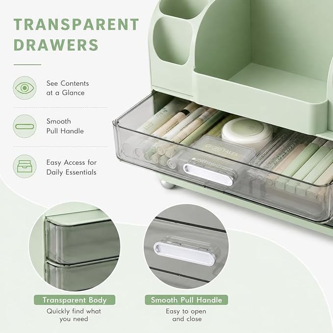 Makeup Organizer with 2 Drawers, Cosmetic Display Case, Storage Holder for Vanity, Bathroom Counter, Desk, Beauty Supplies (Green)