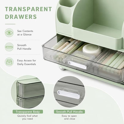 Makeup Organizer with 2 Drawers, Cosmetic Display Case, Storage Holder for Vanity, Bathroom Counter, Desk, Beauty Supplies (Green)