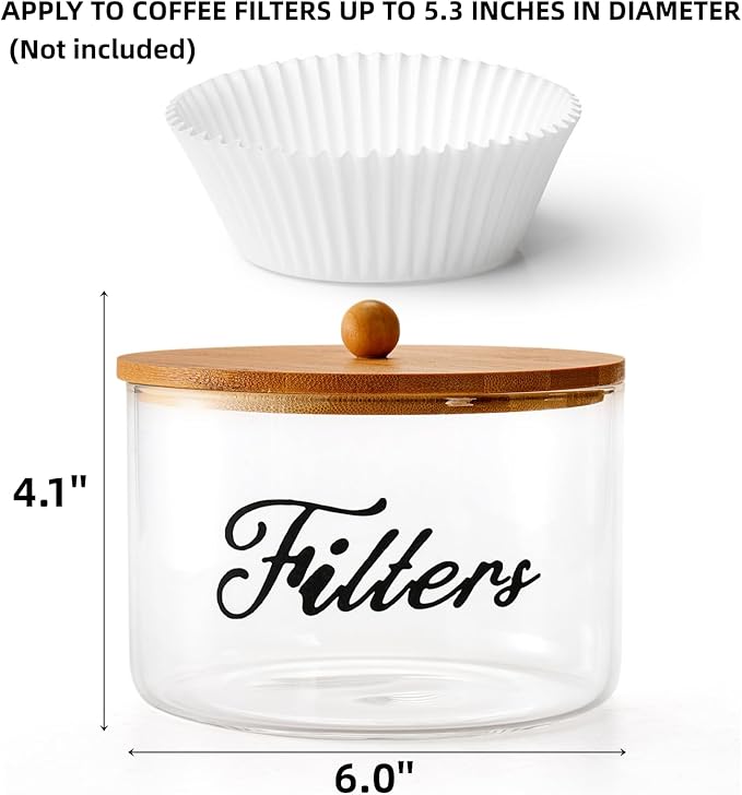 Cididu Coffee Filter Holder with Bamboo Lid, Glass Large Coffee Pod Holder for Counter, Clear Coffee Filter Dispenser Basket, K Cup Countertop Storage Container for Kitchen Cafe Bar Accessories