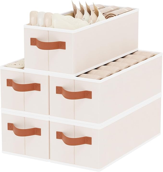 Storage Baskets, Foldable Storage Cubes, Collapsible Clothes Organizer Boxes with Double Handles for Shelves, Beige, 15 x 6 x 5 Inch, 5-Pack