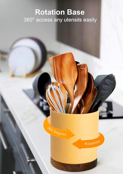 Nucookery 360°Rotating Utensil Holder, 7.2" Large Utensil Crock, White Ceramic Cooking Utensil Organizer,Farmhouse Kitchen Decor Christmas Thanksgiving Gift (Yellow Sand)