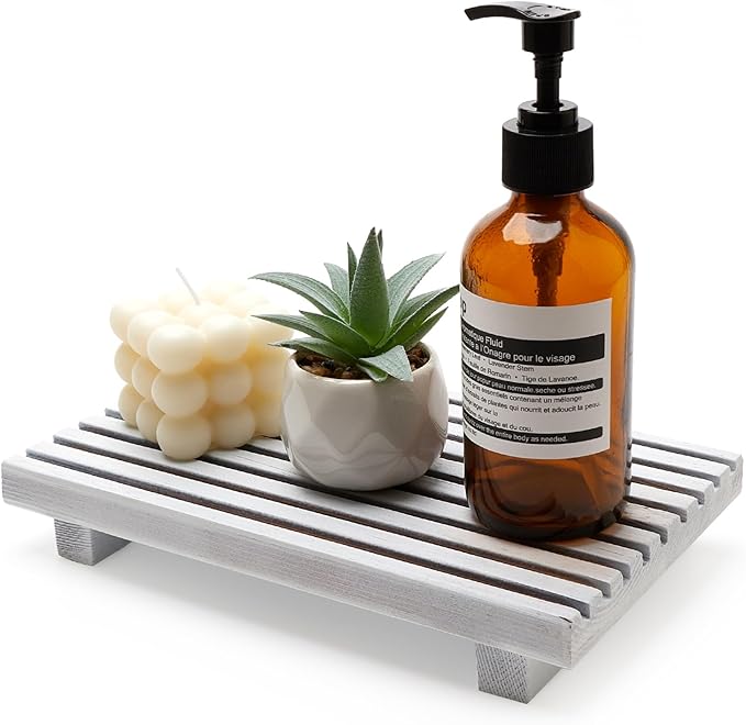 Wood Pedestal Stand for Bathroom Tray Kitchen Counter Decor Bathroom Sink Accessories Decorative Wooden Risers for Kitchen Soap Tray Vanity White Bathroom Counter Decorations Dish Soap Holder