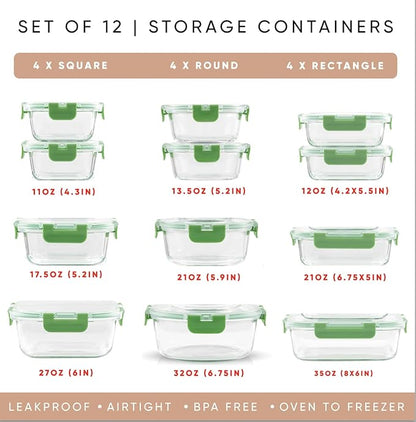 JoyJolt 24pc Borosilicate Glass Storage Containers with Lids | 12 Airtight/Freezer Safe Food Storage Containers for Pantry and Kitchen | Meal Prep Container for Lunch | Glass Tupperware Set
