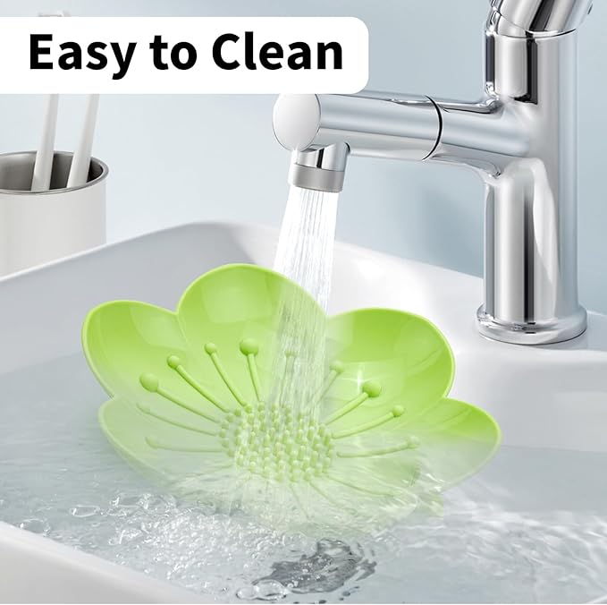 Soap Dishes 2 Pack Self Draining XL Bar Shower Steamer Holder Tray, Silicone Flexible Flower Soap Saver for Counter Bathtub Sink Bathroom Decor with Drainage Mirror Surface Easy Clean Green/Rose Pink