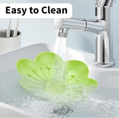 Soap Dishes 2 Pack Self Draining XL Bar Shower Steamer Holder Tray, Silicone Flexible Flower Soap Saver for Counter Bathtub Sink Bathroom Decor with Drainage Mirror Surface Easy Clean Green/Rose Pink