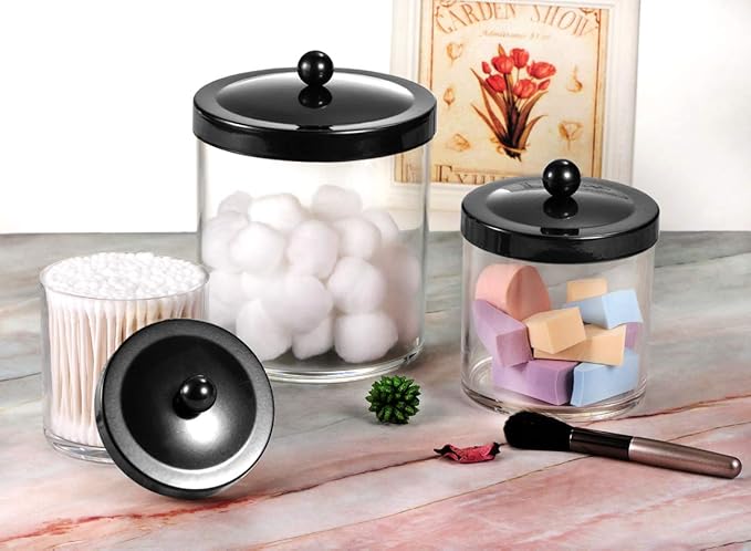 SheeChung 3-Pack Plastic Apothecary Jars with Black Metal Lids - Large 50oz, 25oz & 15oz Clear Acrylic Storage Set - Shatterproof Bathroom & Laundry Room Organizer - Modern Farmhouse Decor