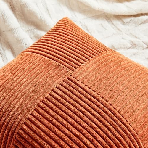 Fancy Homi Set of 2 Burnt Orange Samll Decorative Throw Pillow Covers 14x14 Inch for Living Room Couch Bed, Boho Farmhouse Fall Home Decor, Soft Corss Corduroy Patchwork Textured Cushion Case 35x35cm - Image 3