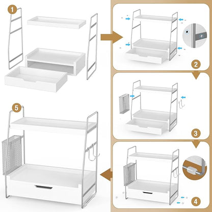 2 Tier Bathroom Counter Organizer Wood - Tiered Bathroom Countertop Shelf with Drawer, Removable Basket & 2 Hooks, Makeup Vanity Organizer for Skincare Perfume Toiletries, 13'' Silver