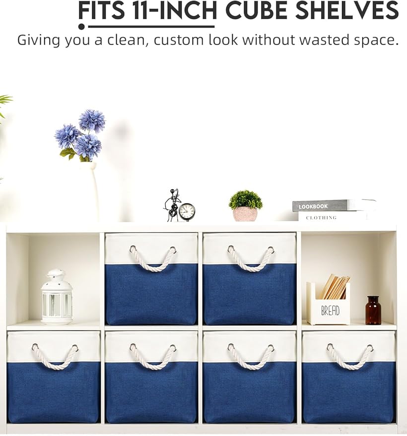 Temary Cube Storage Baskets 11x11, Set of 6 Decorative Fabric Bins with Metal Frame Around the Top Rim, Sturdy Collapsible Organizers for Closet, Office (White & Dark Blue)