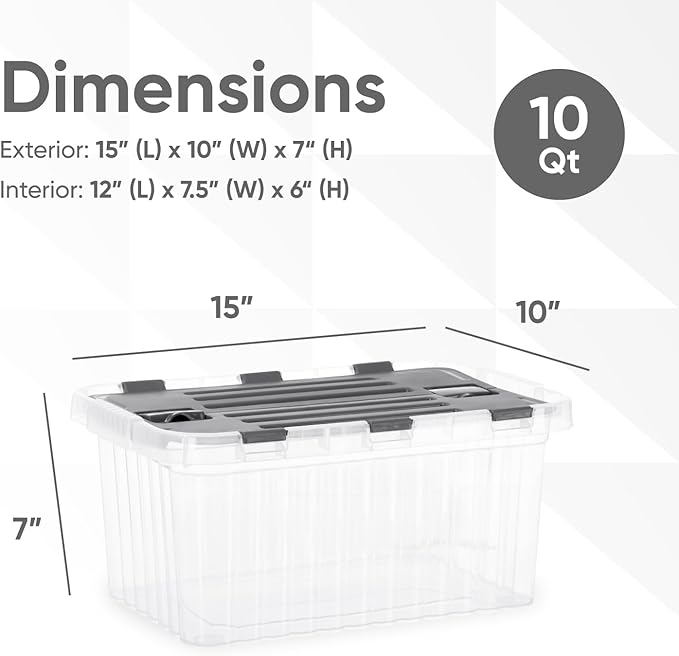 Superio Storage Box with Hinged Lids, Plastic Container Bins for Organizing with Attached Lid, Stackable Crates, BPA Free, Organizers for Home and Dorm, 10.5 Quart (Clear with Grey Lids, 15"x10"x7")