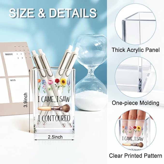 I Came I Saw I Contoured Acrylic Cosmetic Holder, Funny Floral Makeup Brush Holder Gifts for Cosmetologist Women Girls, Bathroom Vanity Storage for Make up Brushes, Vanity Desk Accessories