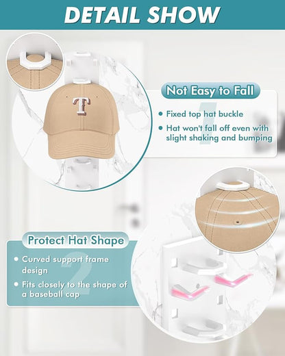 Hat Organizer for Baseball Caps (2-Pack), Strong Adhesive Hat Rack for Wall, Multi-layer Hat Hooks Storage for 18 Hats, Hat Holder Hanger for Door, Bedroom, Closet - White