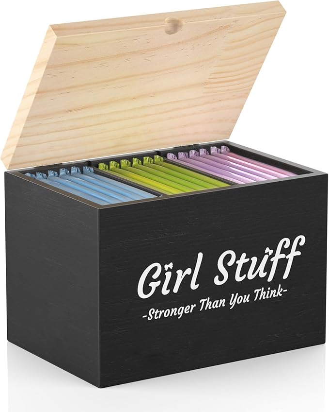 Luxspire Tampon Holder for Bathroom - Discreet Feminine Product Organizer with Lid & Wood Pad, Shark Week Tampon Storage Box, Stylish Girl Stuff Organizer for Bathroom, Black