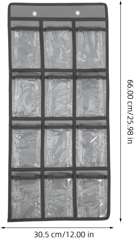 Tofficu 12-Pocket Wall Hanging Jewelry Organizer and Cell Phone Holder with Clear PVC Pockets and Metal Hooks Space-Saving Storage for Classroom Office and Home 26 X 12 Inches