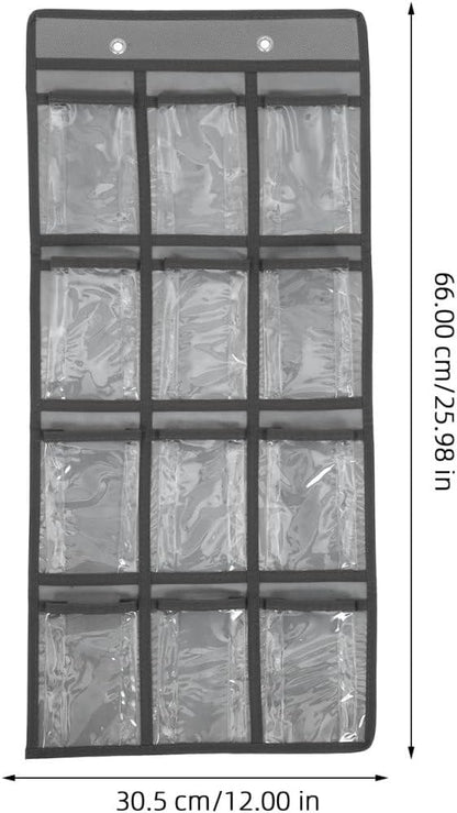 Tofficu 12-Pocket Wall Hanging Jewelry Organizer and Cell Phone Holder with Clear PVC Pockets and Metal Hooks Space-Saving Storage for Classroom Office and Home 26 X 12 Inches