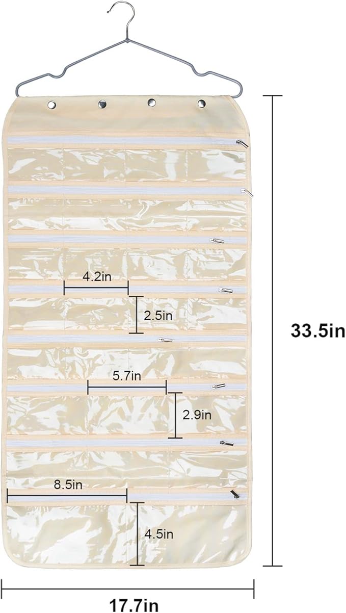 Luney Hanging Jewelry Organizer with Zippers, 56 Pockets Earring Holder Organizer with Pockets for Woman, for Hanging Earrings, Necklaces, Bracelets, Rings, Storage, Closet (Beige)